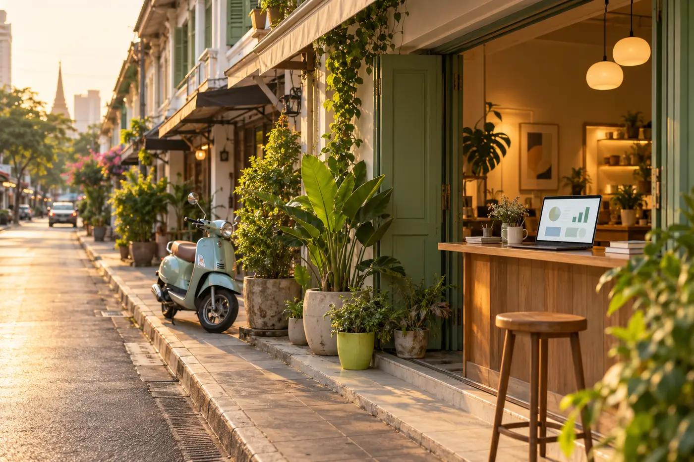 ห้องแถวในกรุงเทพฯ ยามเย็น มีโน้ตบุ๊กเปิดอยู่บนเคาน์เตอร์ร้าน